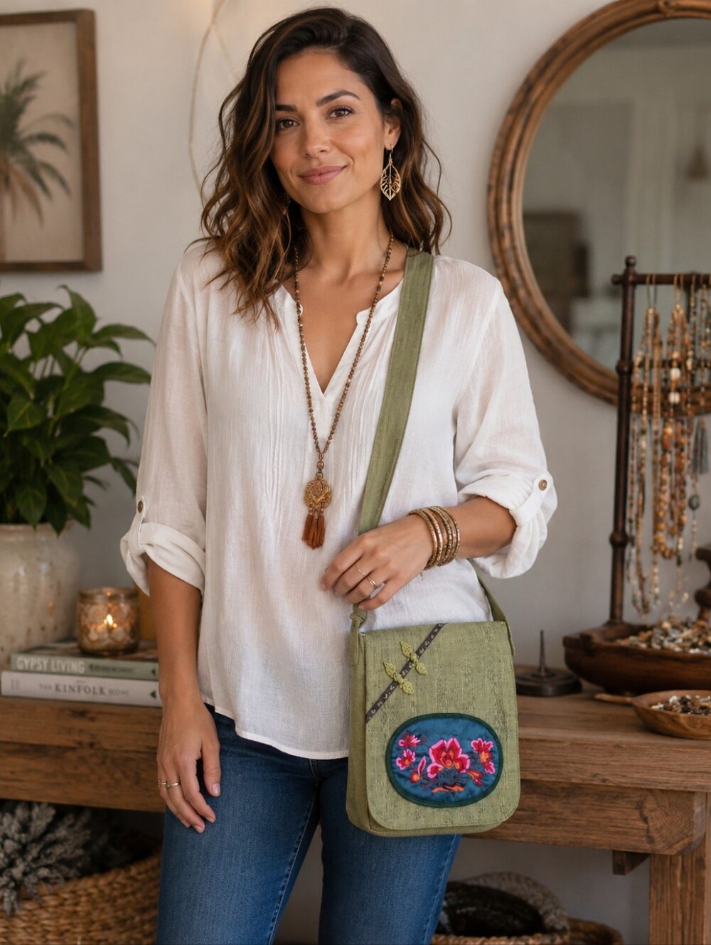 Linen Front Flap Cross Body Bag with Embroidered Front